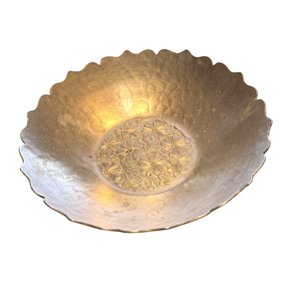 Antique Anchor Wrought Aluminum Floral Etched Scalloped Bowl cottage core